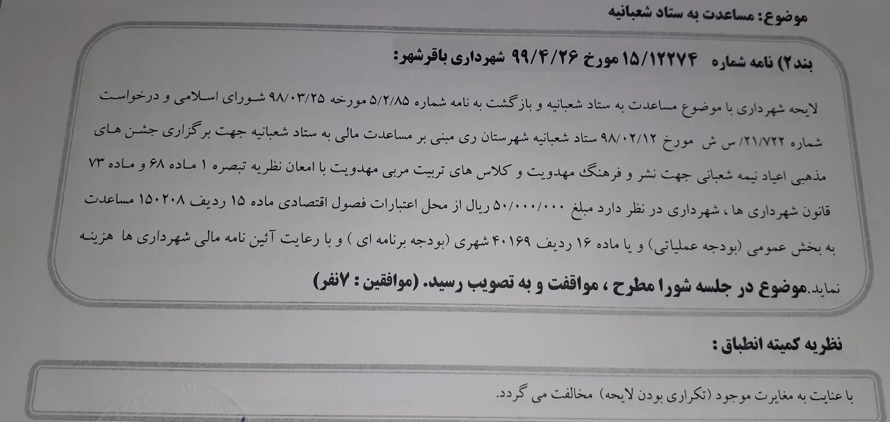 مساعدت به ستاد شعبانیه 